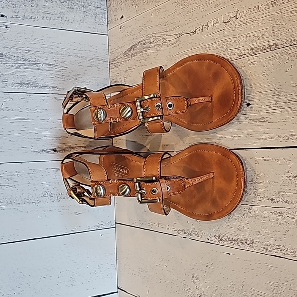 Coach Tan Leather T-Strap Sandals with Gold-Tone Accents